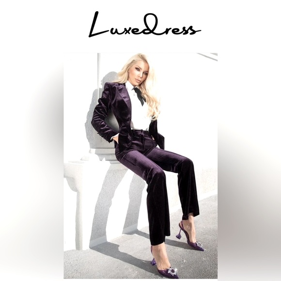 NEW!! LUXURY LAPEL COLLAR LONG SLEEVE VELVET BLAZER MATCHING SET - PURPLE - Picture 8 of 8